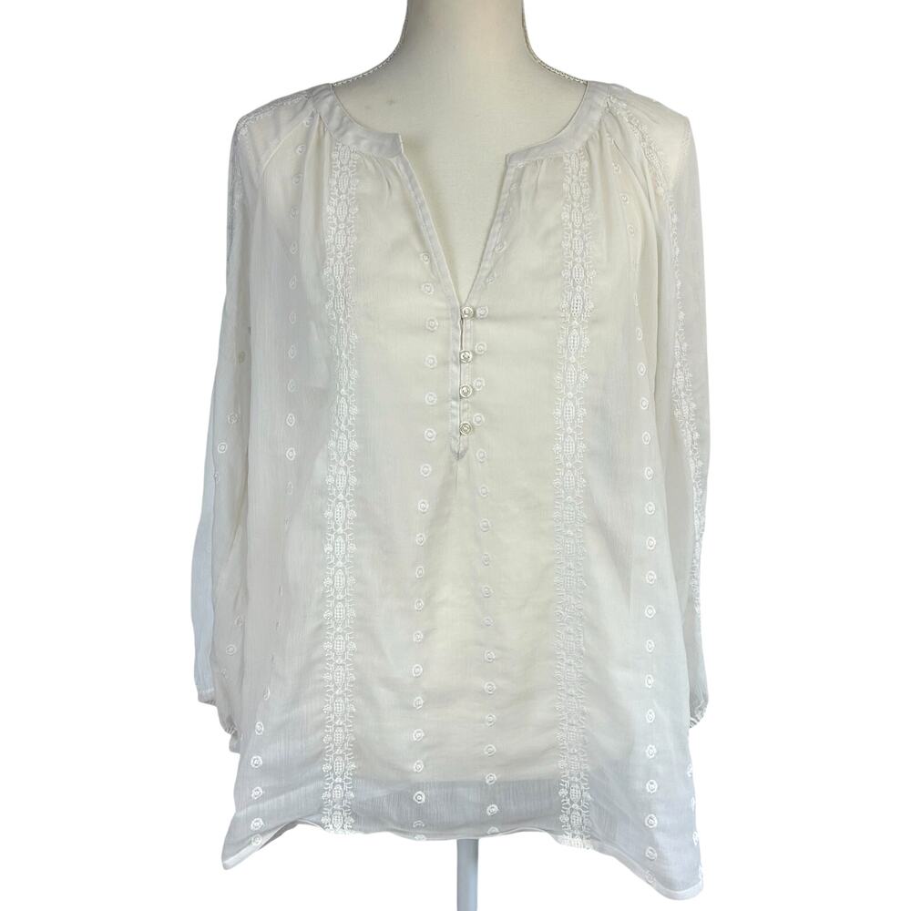 Old Navy Sheer Blouse Women Size Large Ivory White Floral Embroidered Boho Top